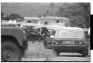 Road sealed off by British Army after a military vehicle was caught in an explosion, anniversary of internment, Castlewellan, Co. Down