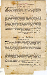 In Provincial Congress, at Watertown, May 5, 1775 : Whereas the term for which this present Congress was chose, expires on the Thirtieth Instant... [And] Whereas his excellency General Gage since his Arrival into this Colony, hath conducted as an Instrument in the Hands of an Arbitrary Ministry to enslave this people...