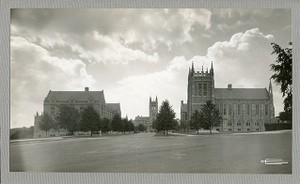 Saint Mary's Hall, Gasson Hall, and Bapst Library from Commonwealth Avenue looking down Linden Lane, by Clifton Church