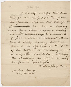 Heman Humphrey certification of Dan Weed dismissal from Amherst College, 1830 December 17