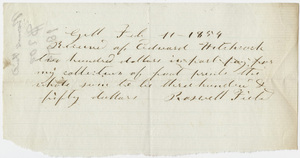 Edward Hitchcock receipt of payment to Roswell Field, 1854 February 11