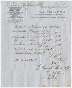 Edward Hitchcock receipt of payment to Wiley & Putnam, 1847 March 10