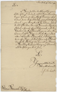 Jeffery Amherst letter to Thomas Hancock, 1761 November 13