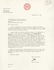 Letter from John R. Silber, president of Boston University, to Judge W. Arthur Garrity, 1982 September 16
