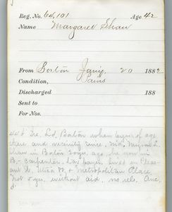 Tewksbury Almshouse Intake Record: Shaw, Margaret