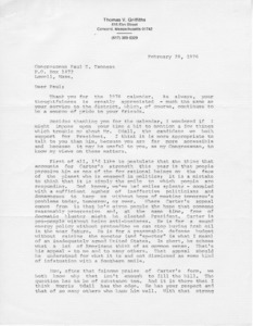 Letter to Congressman Paul E. Tsongas from Thomas V. Griffiths