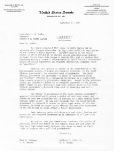 Letter to P.W. Botha from Senators William V. Roth and Paul E. Tsongas on achieving peace in South Africa (draft)