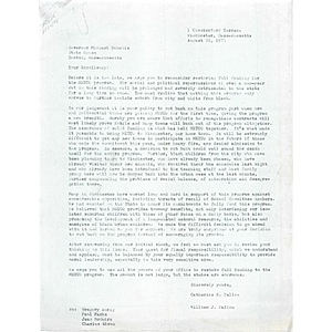 Letter, Gov. Michael Dukakis, August 21, 1975.
