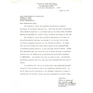 Letter, Commissioner Gregory R. Anrig, April 9, 1974.
