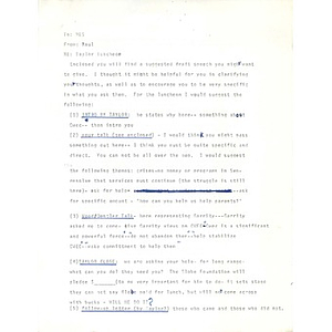 Memo, draft of suggested speech for Mary Ellen Smith.