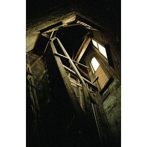 View from below of a tower and staircase in the former All Saints Lutheran Church.