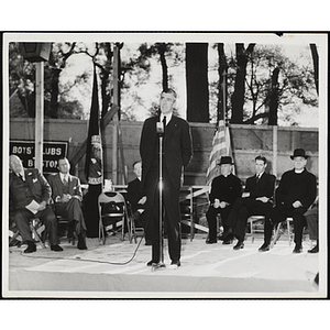 U.S. Senator Leverett Saltonstall speaks at the ground breaking ceremony for the Charles Hayden Memorial Clubhouse in South Boston