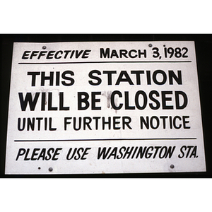 Sign announcing a subway station closure in Boston