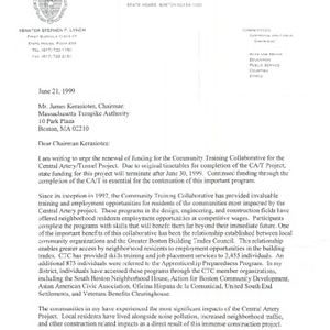 Letter of support from Massachusetts Senator Stephen F. Lynch, urging continued funding for the Community Training Collaborative for the Central Artery/Tunnel Project
