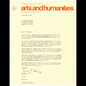 Letter from Vernon Alden to Otto Phillip Snowden awarding Freedom House grant from Council on the Arts and Humanities