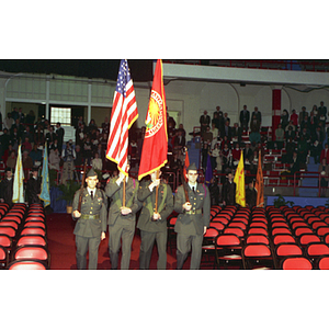 ROTC flag bearers march in at the inauguration of President Freeland