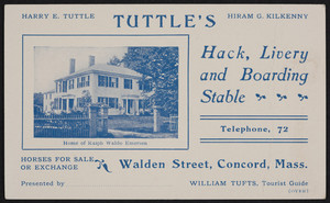 Trade card for Tuttle's Hack, Livery and Boarding Stable, Walden Street, Concord, Mass., undated