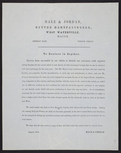 Circular for Hale & Jordan, Scythe manufacturers, West Waterville, Maine, August 1854