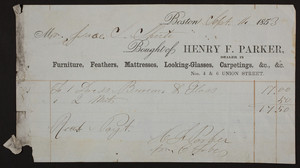 Billhead for Henry F. Parker, dealer in furniture, feathers, mattresses, looking-glasses, carpetings, Nos. 4 & 6 Union Street, Boston, Mass., dated September, 14, 1853
