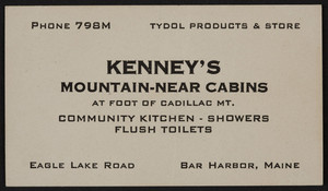 Trade card for Kenney's Mountain-Near Cabins, Eagle Lake Road, Bar Harbor, Maine, undated