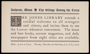 Card, Jones Library, Amherst, Mass.