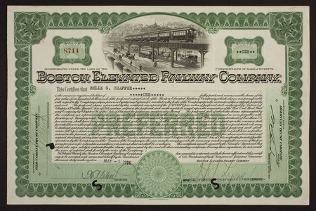 Stock certificate for the Boston Elevated Railway Company, Old Colony Trust Company, Boston, Mass., dated May 1, 1924