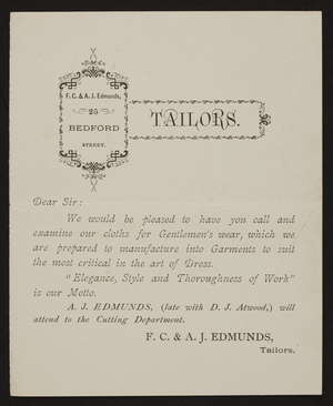 Trade card for F.C. & A.J. Edmunds, tailors, 25 Bedford Street, Boston, Mass., undated
