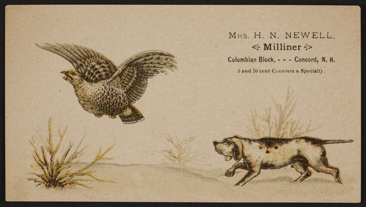 Trade card for Mrs. H.N. Newell, milliner, Columbian Block, Concord, New Hampshire, undated