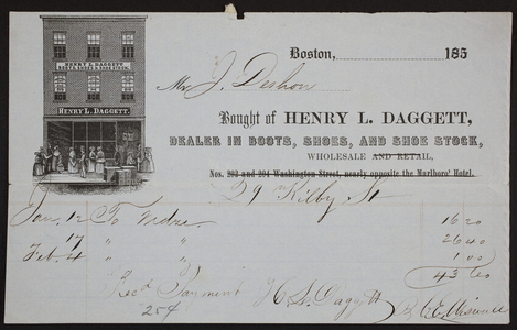 Billhead for Henry L. Daggett, boots, shoes, and shoe stock, 29 Kilby Street, Boston, Mass., ca. 1850