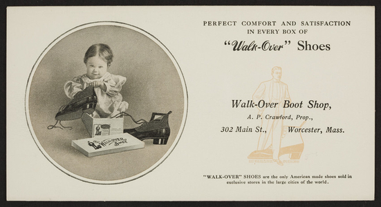 Trade card for the Walk-Over Boot Shop, A.P. Crawford, Prop., 302 Main Street, Worcester, Mass., undated