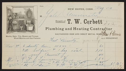 Billhead for T.W. Corbett, plumbing and heating contractor, 29-31 Broadway Street, New Haven, Connecticut, May 5, 1909