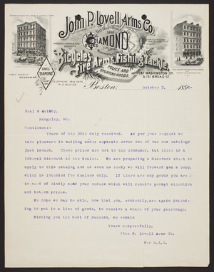 Billhead for the John P. Lovell Arms Co., fire arms, 147 Washington Street and 131 Broad Street, Boston, Mass., dated October 2, 1895