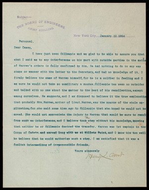 Henry L. Abbot to Thomas Lincoln Casey, January 12, 1894