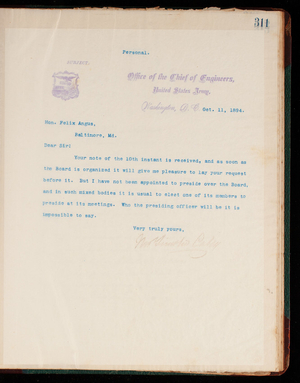 Thomas Lincoln Casey Letterbook (1888-1895), Thomas Lincoln Casey to Hon. Felix Angus, October 11, 1894