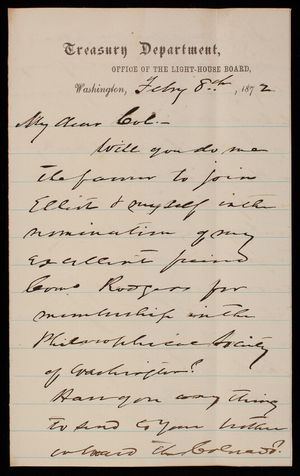 Admiral T. S. Jenkins to Thomas Lincoln Casey, February 8, 1872