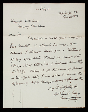Thomas Lincoln Casey to Mayor Seth Low, February 21, 1883, copy