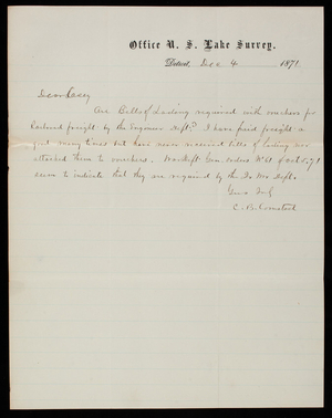 [Cyrus] B. Comstock to Thomas Lincoln Casey, December 4, 1871