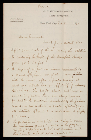 [Cyrus] B. Comstock to Thomas Lincoln Casey, February 8, 1890 (2)