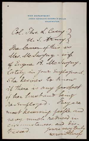 W. Winthorpe to Thomas Lincoln Casey, undated [1877]