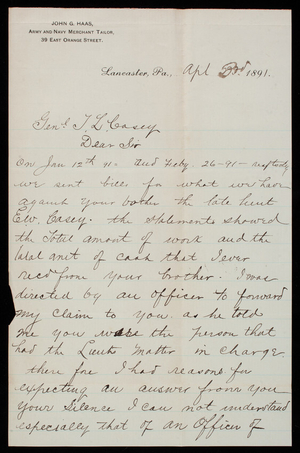 John G. Hass to Thomas Lincoln Casey, April 3, 1891