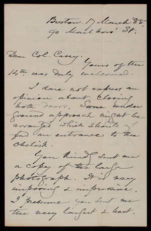 Robert Winthrop to Thomas Lincoln Casey, March 17, 1885