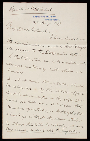 Rutherford B. Hayes to Thomas Lincoln Casey, August 28, 1879