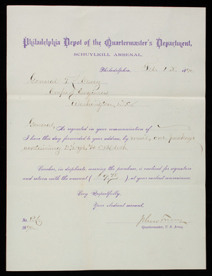 Philadelphia Depot of the Quartermaster's Department to Thomas Lincoln Casey, February 1, 1890