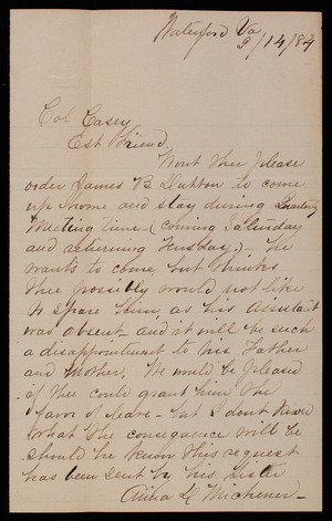 Anna D. Michener to Thomas Lincoln Casey, February 14, 1884