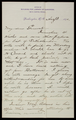 Bernard R. Green to Thomas Lincoln Casey, August 13, 1890