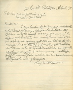 Letter from Benjamin Smith Lyman to the President and Members of the Franklin Institute