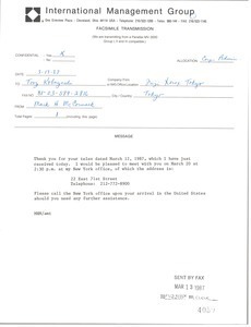 Fax from Mark H. McCormack to Tony Kobayashi