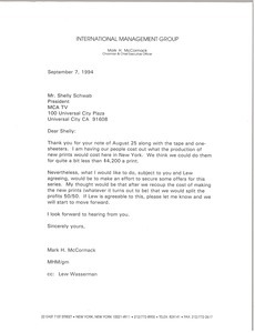 Letter from Mark H. McCormack to Shelly Schwab