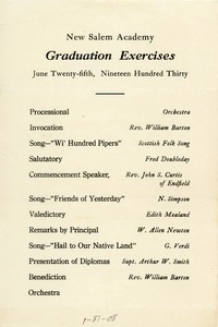 Program for the 1930 New Salem Academy graduation exercises