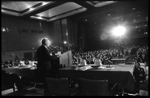 Hans J .Morgenthau, speaking at the National Teach-in on the Vietnam War: view from rear stage over the audience